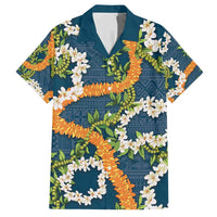 Aloha Festive Hawaii Family Matching Off Shoulder Short Dress and Hawaiian Shirt Mokihana - Maile and Ilima on Navy Blue - Polynesian Pride