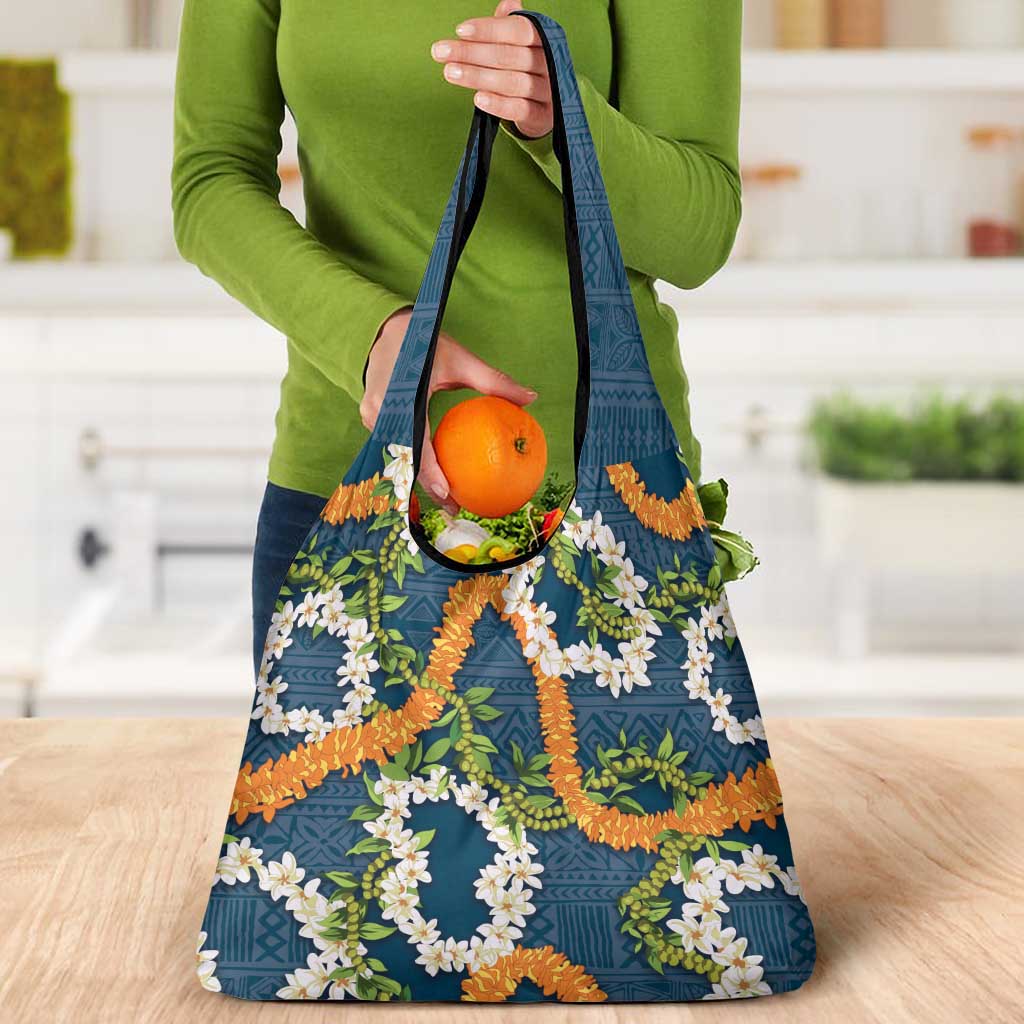 Aloha Festive Hawaii Grocery Bag Mokihana - Maile and Ilima on Navy Blue - Polynesian Pride