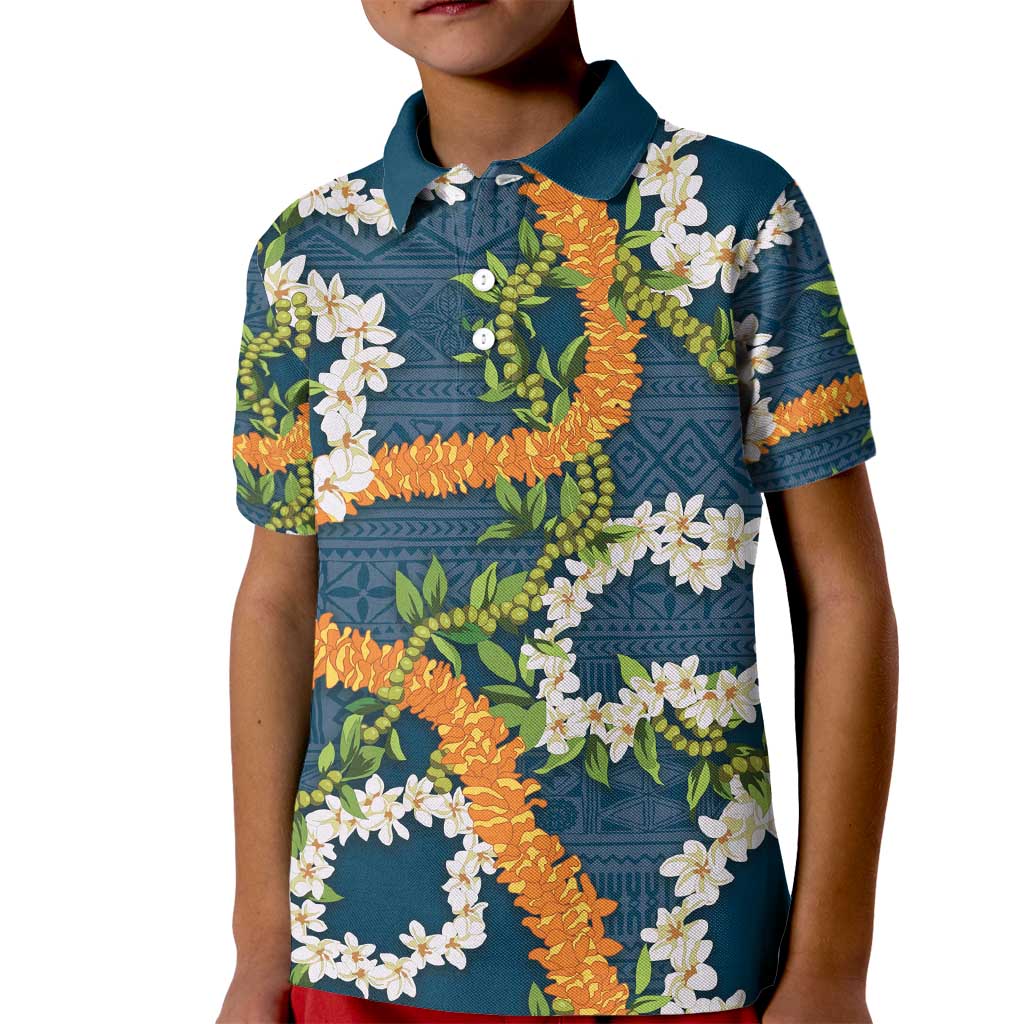 Aloha Festive Hawaii Kid Polo Shirt Mokihana - Maile and Ilima on Navy Blue - Polynesian Pride