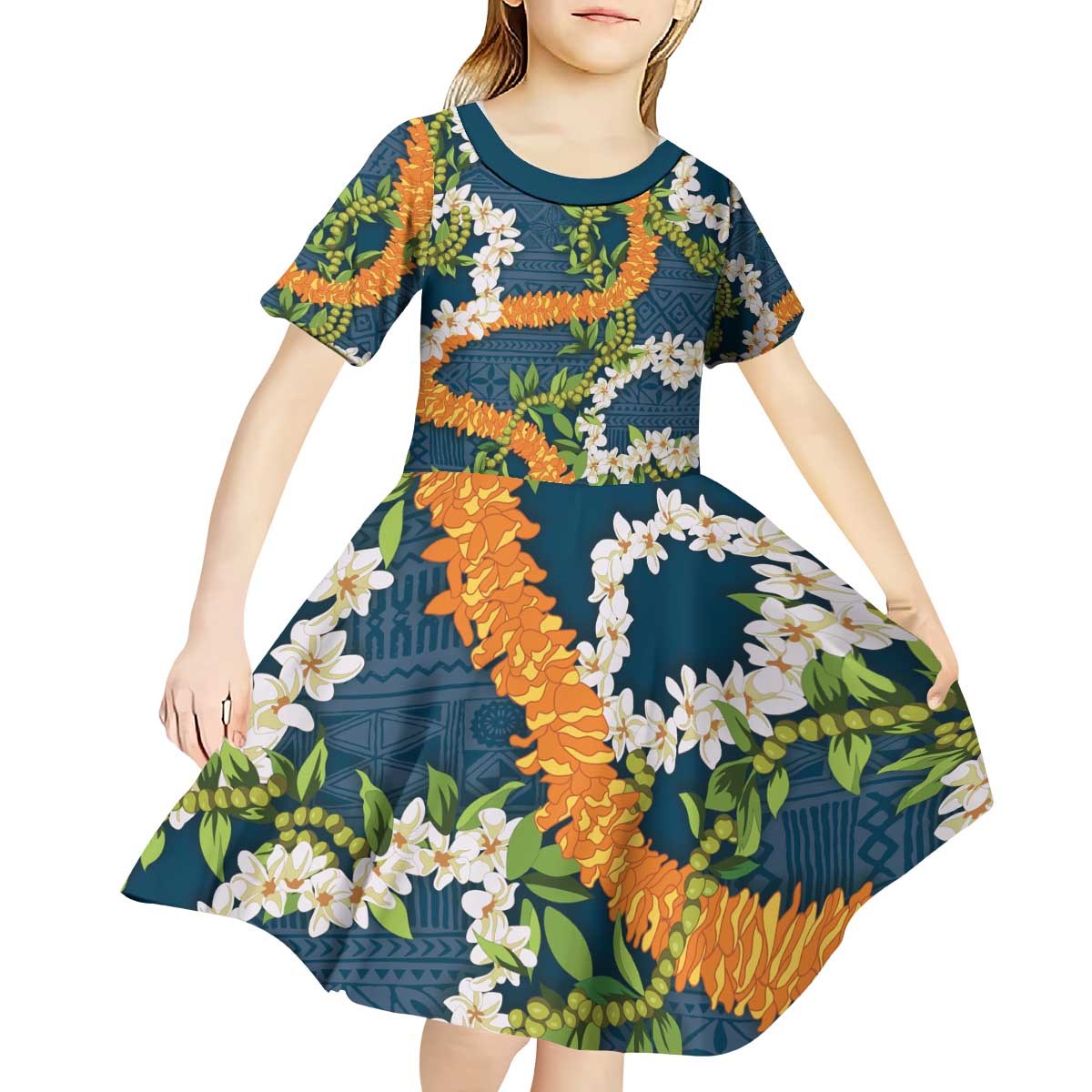 Aloha Festive Hawaii Kid Short Sleeve Dress Mokihana - Maile and Ilima on Navy Blue - Polynesian Pride