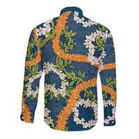 Aloha Festive Hawaii Long Sleeve Button Shirt Mokihana - Maile and Ilima on Navy Blue - Polynesian Pride