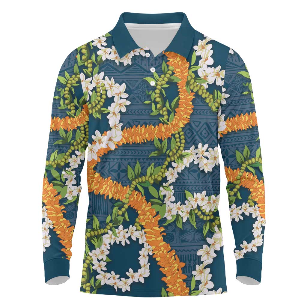 Aloha Festive Hawaii Long Sleeve Polo Shirt Mokihana - Maile and Ilima on Navy Blue - Polynesian Pride