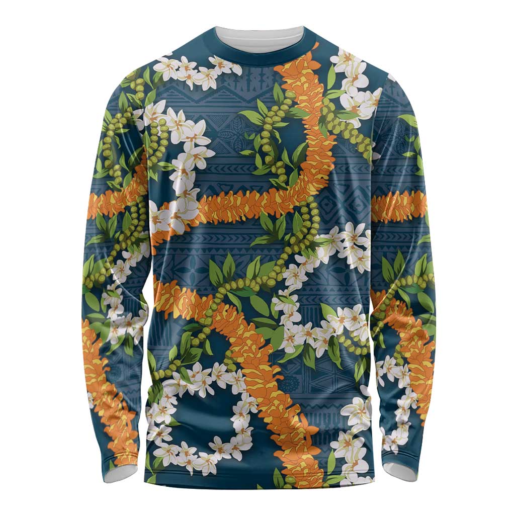 Aloha Festive Hawaii Long Sleeve Shirt Mokihana - Maile and Ilima on Navy Blue - Polynesian Pride