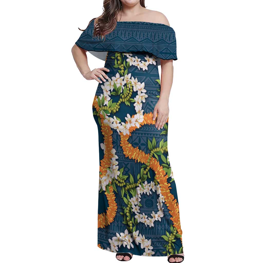Aloha Festive Hawaii Off Shoulder Maxi Dress Mokihana - Maile and Ilima on Navy Blue - Polynesian Pride