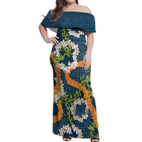 Aloha Festive Hawaii Off Shoulder Maxi Dress Mokihana - Maile and Ilima on Navy Blue - Polynesian Pride