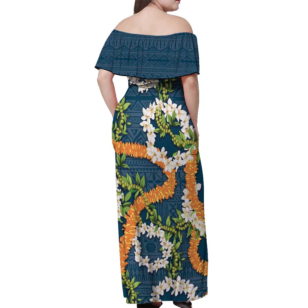Aloha Festive Hawaii Off Shoulder Maxi Dress Mokihana - Maile and Ilima on Navy Blue - Polynesian Pride