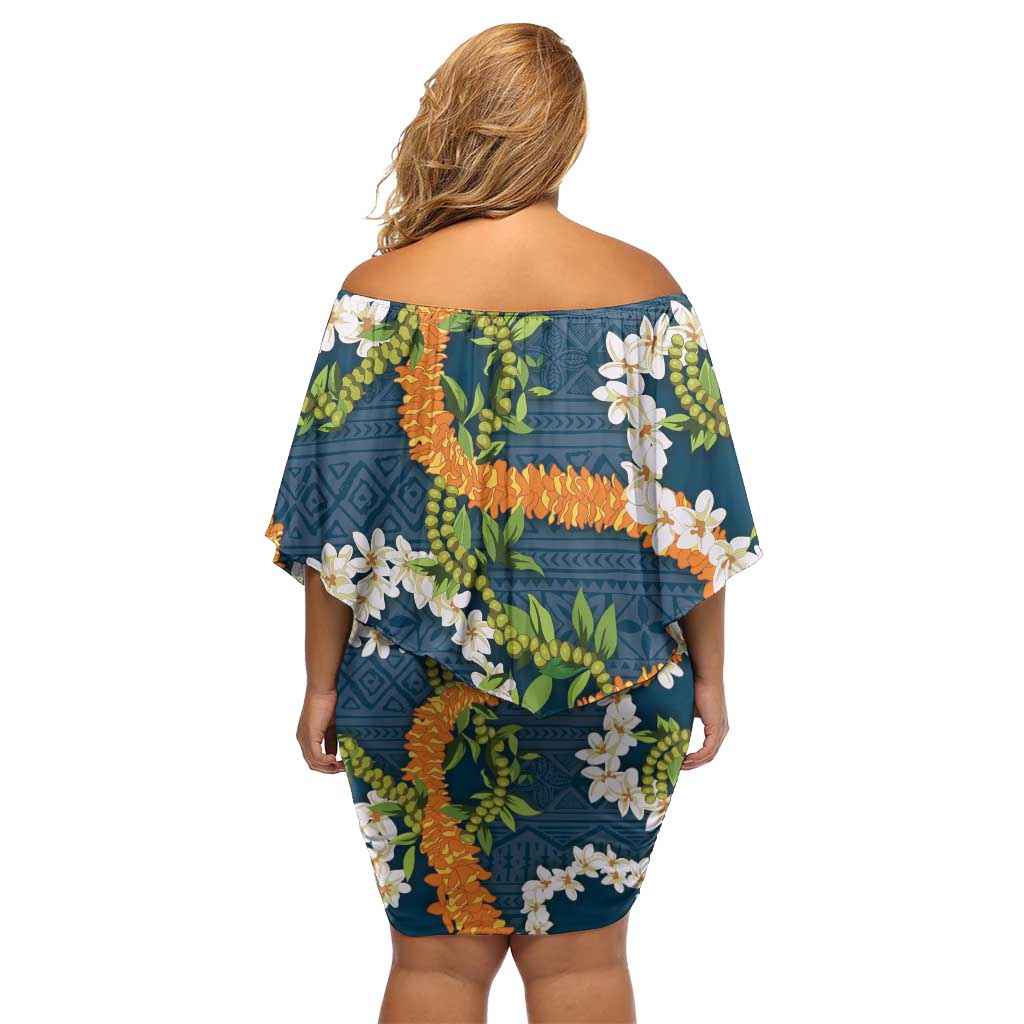Aloha Festive Hawaii Off Shoulder Short Dress Mokihana - Maile and Ilima on Navy Blue - Polynesian Pride