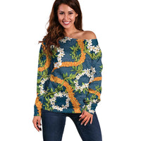 Aloha Festive Hawaii Off Shoulder Sweater Mokihana - Maile and Ilima on Navy Blue - Polynesian Pride