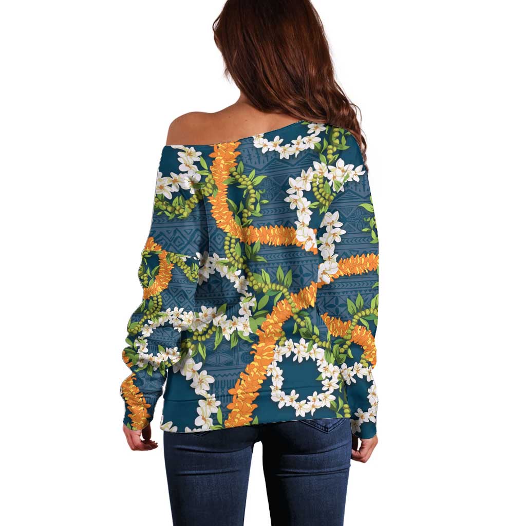 Aloha Festive Hawaii Off Shoulder Sweater Mokihana - Maile and Ilima on Navy Blue - Polynesian Pride