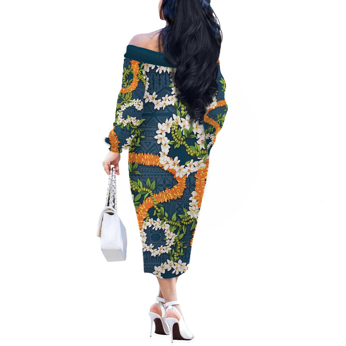 Aloha Festive Hawaii Off The Shoulder Long Sleeve Dress Mokihana - Maile and Ilima on Navy Blue - Polynesian Pride