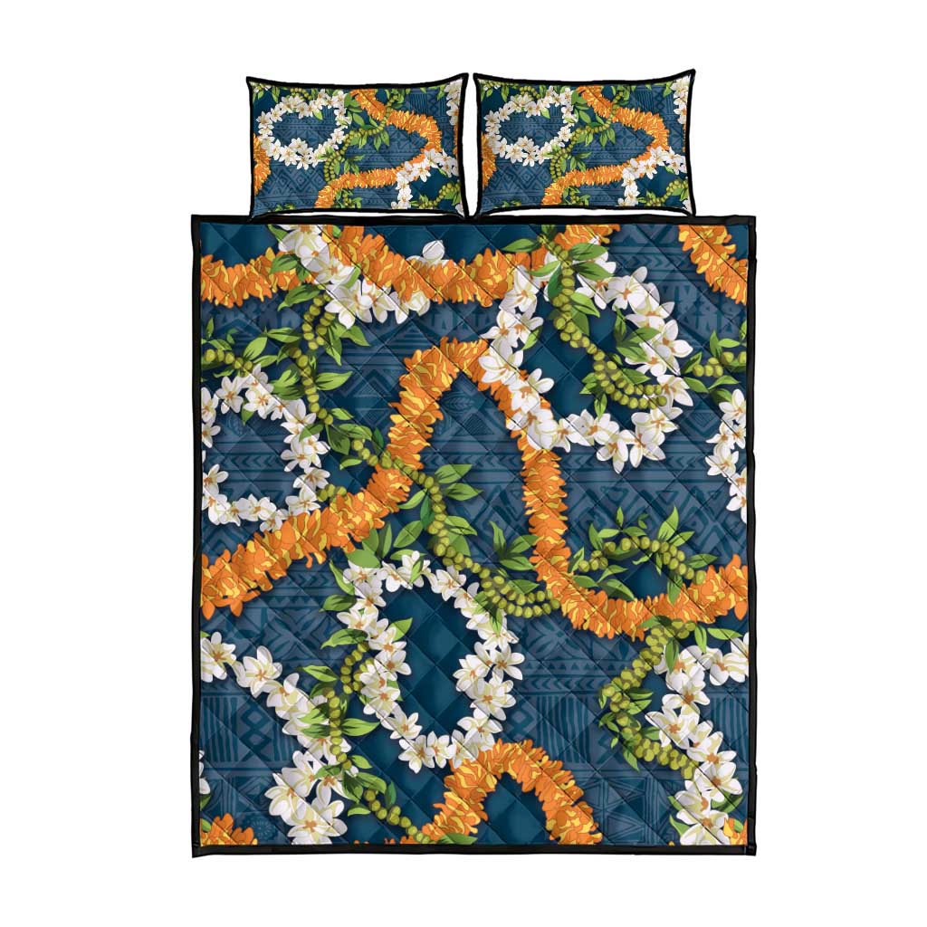 Aloha Festive Hawaii Quilt Bed Set Mokihana - Maile and Ilima on Navy Blue - Polynesian Pride