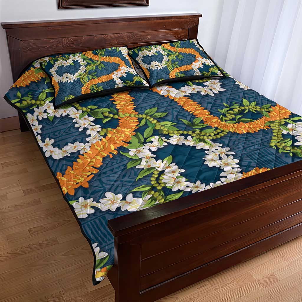 Aloha Festive Hawaii Quilt Bed Set Mokihana - Maile and Ilima on Navy Blue - Polynesian Pride