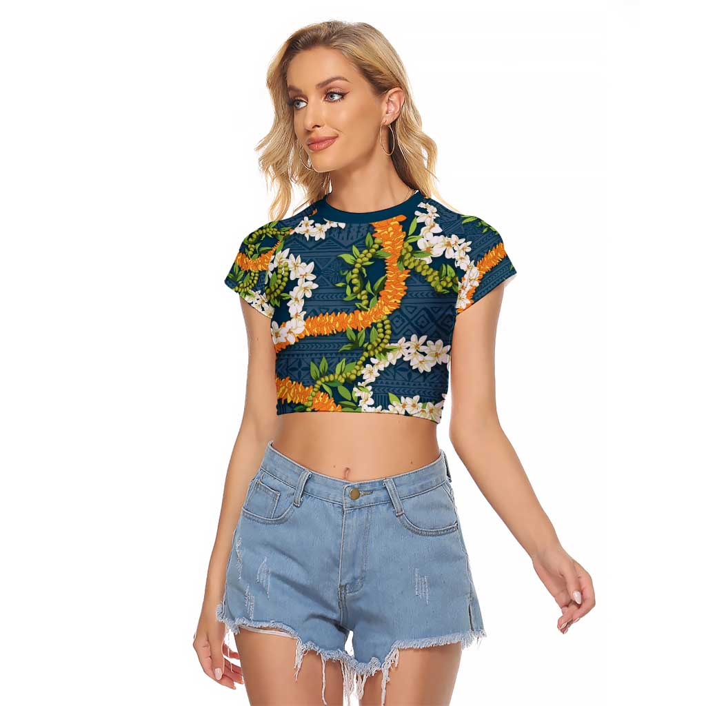 Aloha Festive Hawaii Raglan Cropped T Shirt Mokihana - Maile and Ilima on Navy Blue - Polynesian Pride