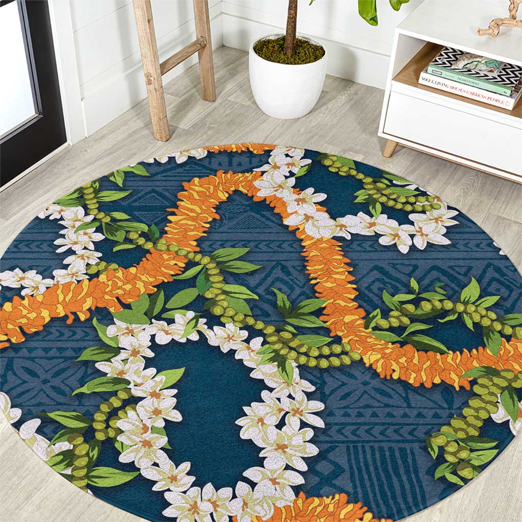 Aloha Festive Hawaii Round Carpet Mokihana - Maile and Ilima on Navy Blue - Polynesian Pride