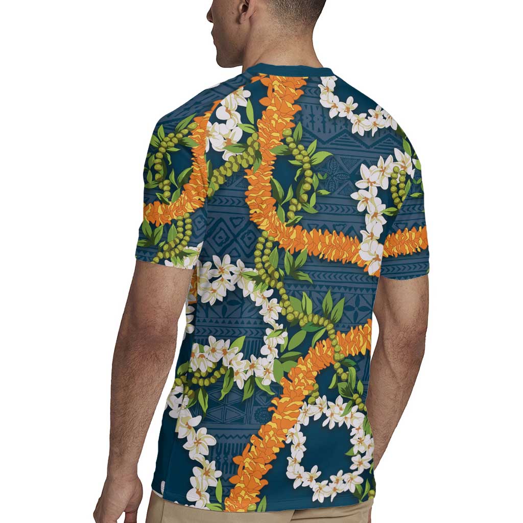 Aloha Festive Hawaii Rugby Jersey Mokihana - Maile and Ilima on Navy Blue - Polynesian Pride