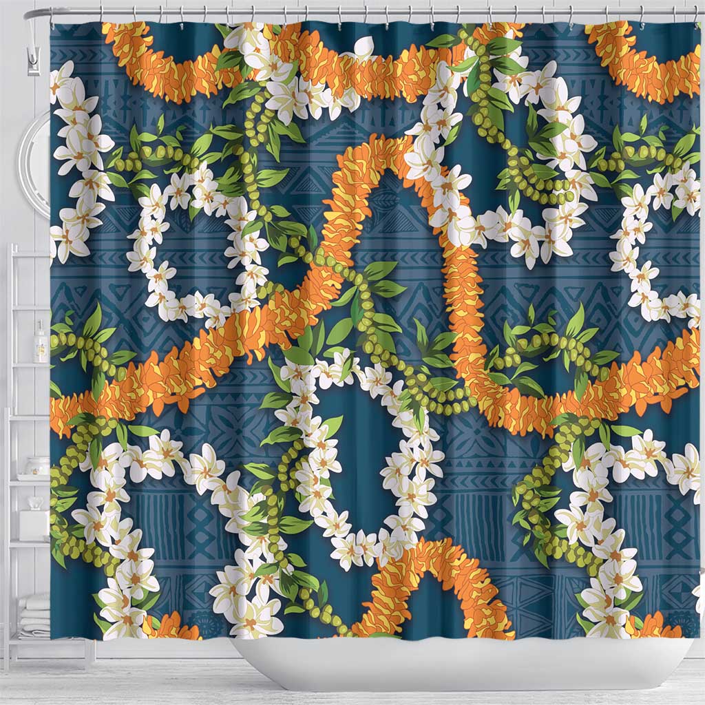 Aloha Festive Hawaii Shower Curtain Mokihana - Maile and Ilima on Navy Blue - Polynesian Pride
