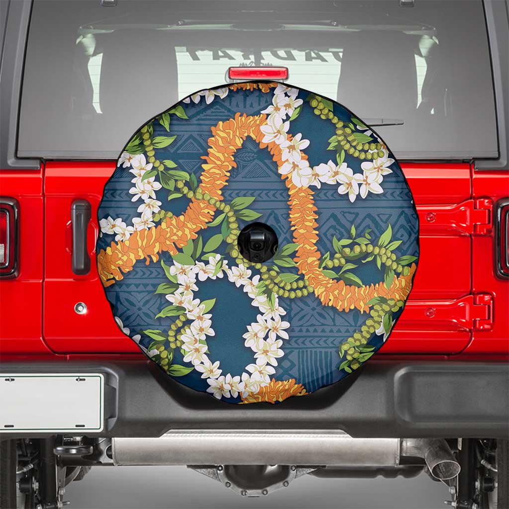 Aloha Festive Hawaii Spare Tire Cover Mokihana - Maile and Ilima on Navy Blue - Polynesian Pride