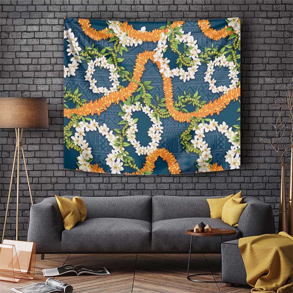 Aloha Festive Hawaii Tapestry Mokihana - Maile and Ilima on Navy Blue - Polynesian Pride