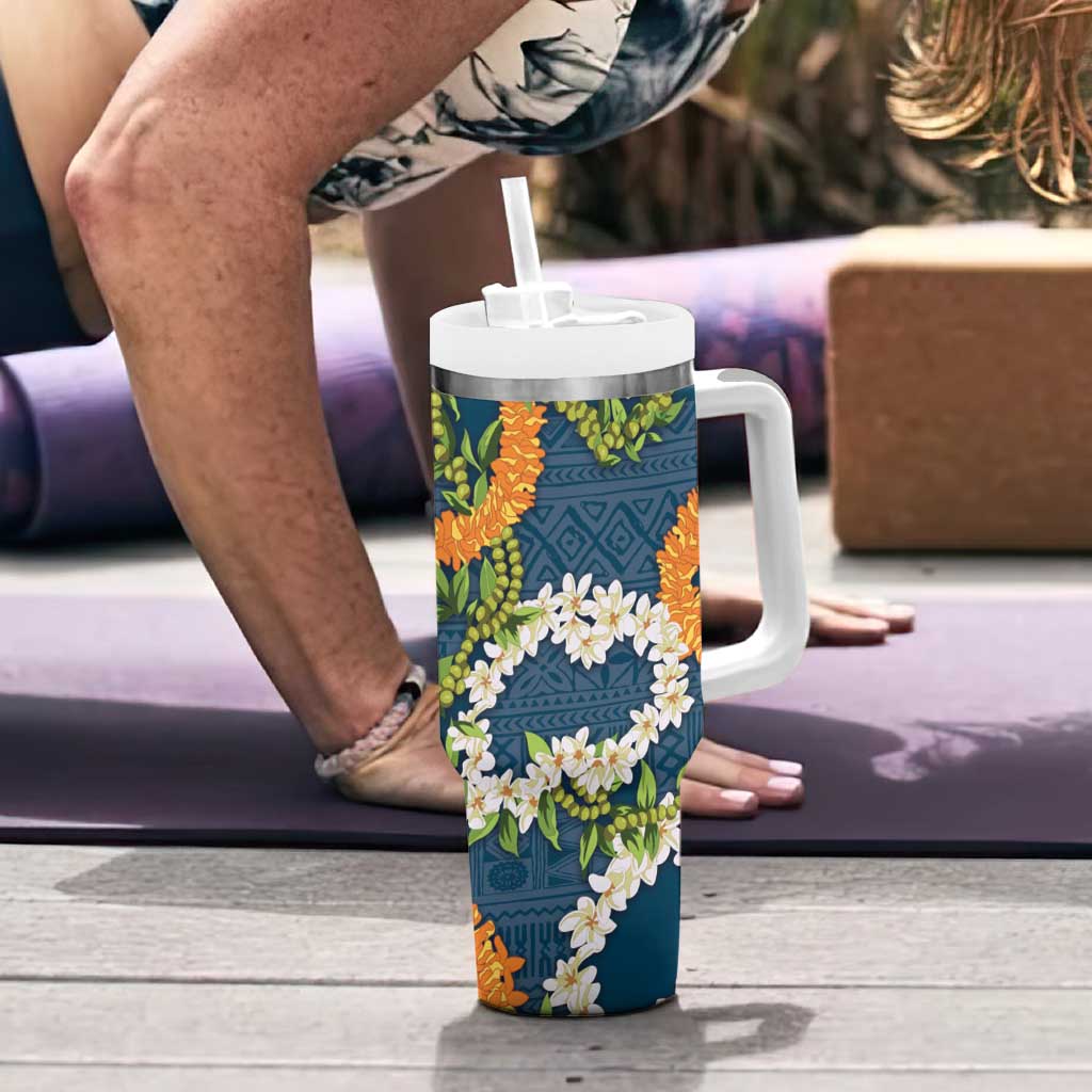 Aloha Festive Hawaii Tumbler With Handle Mokihana - Maile and Ilima on Navy Blue - Polynesian Pride
