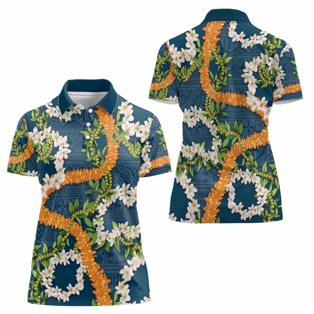 Aloha Festive Hawaii Women Polo Shirt Mokihana - Maile and Ilima on Navy Blue - Polynesian Pride