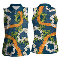 Aloha Festive Hawaii Women Sleeveless Polo Shirt Mokihana - Maile and Ilima on Navy Blue - Polynesian Pride