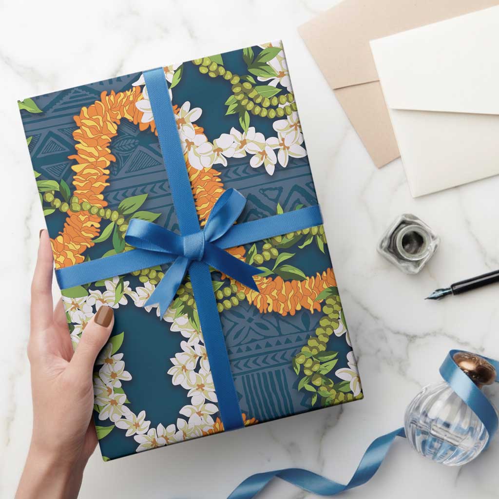 Aloha Festive Hawaii Wrapping Paper Mokihana - Maile and Ilima on Navy Blue