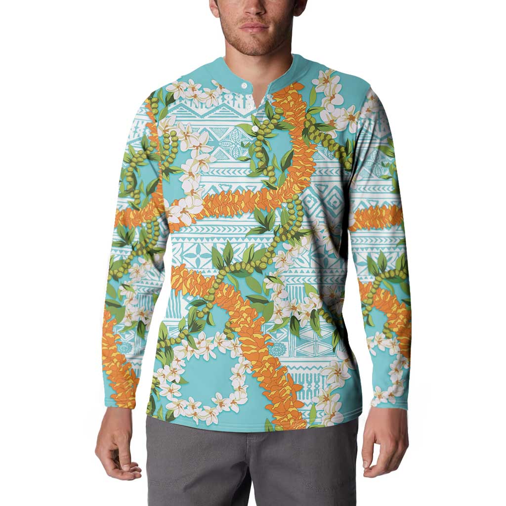 Aloha Festive Hawaii Button Sweatshirt Mokihana - Maile and Ilima on Turquoise - Polynesian Pride