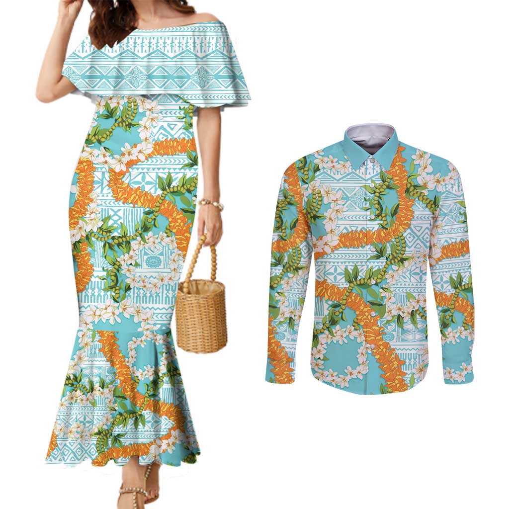 Aloha Festive Hawaii Couples Matching Mermaid Dress and Long Sleeve Button Shirt Mokihana - Maile and Ilima on Turquoise - Polynesian Pride