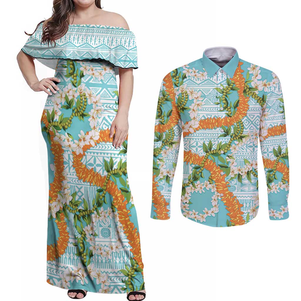 Aloha Festive Hawaii Couples Matching Off Shoulder Maxi Dress and Long Sleeve Button Shirt Mokihana - Maile and Ilima on Turquoise - Polynesian Pride