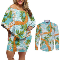 Aloha Festive Hawaii Couples Matching Off Shoulder Short Dress and Long Sleeve Button Shirt Mokihana - Maile and Ilima on Turquoise - Polynesian Pride