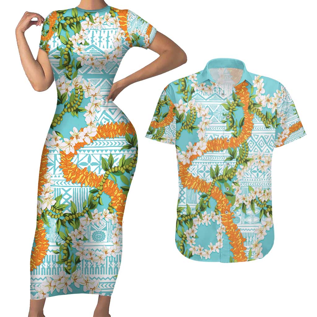 Aloha Festive Hawaii Couples Matching Short Sleeve Bodycon Dress and Hawaiian Shirt Mokihana - Maile and Ilima on Turquoise - Polynesian Pride