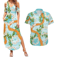 Aloha Festive Hawaii Couples Matching Summer Maxi Dress and Hawaiian Shirt Mokihana - Maile and Ilima on Turquoise - Polynesian Pride