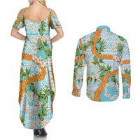 Aloha Festive Hawaii Couples Matching Summer Maxi Dress and Long Sleeve Button Shirt Mokihana - Maile and Ilima on Turquoise - Polynesian Pride