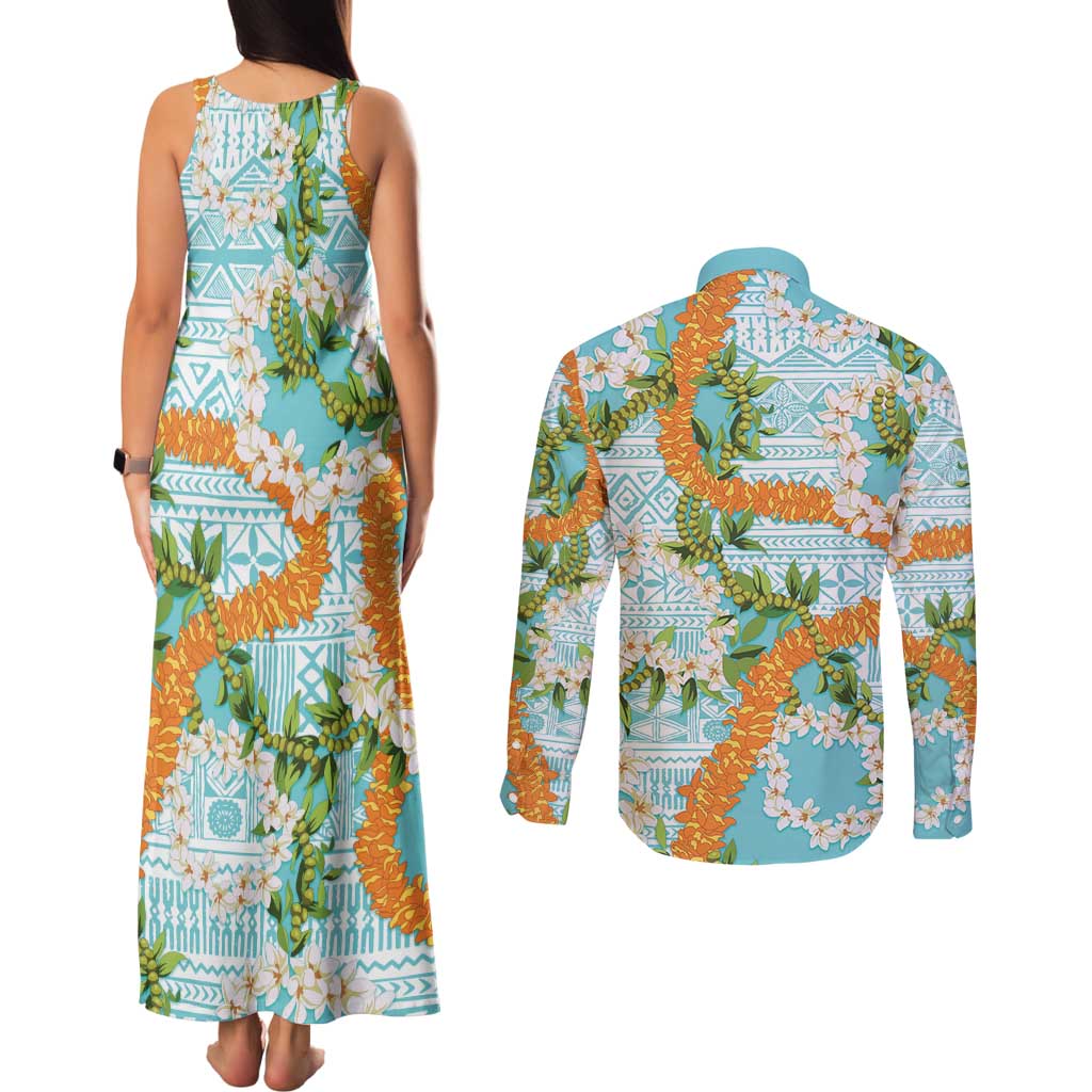 Aloha Festive Hawaii Couples Matching Tank Maxi Dress and Long Sleeve Button Shirt Mokihana - Maile and Ilima on Turquoise - Polynesian Pride