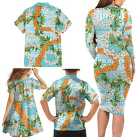 Aloha Festive Hawaii Family Matching Long Sleeve Bodycon Dress and Hawaiian Shirt Mokihana - Maile and Ilima on Turquoise - Polynesian Pride