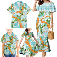 Aloha Festive Hawaii Family Matching Mermaid Dress and Hawaiian Shirt Mokihana - Maile and Ilima on Turquoise - Polynesian Pride