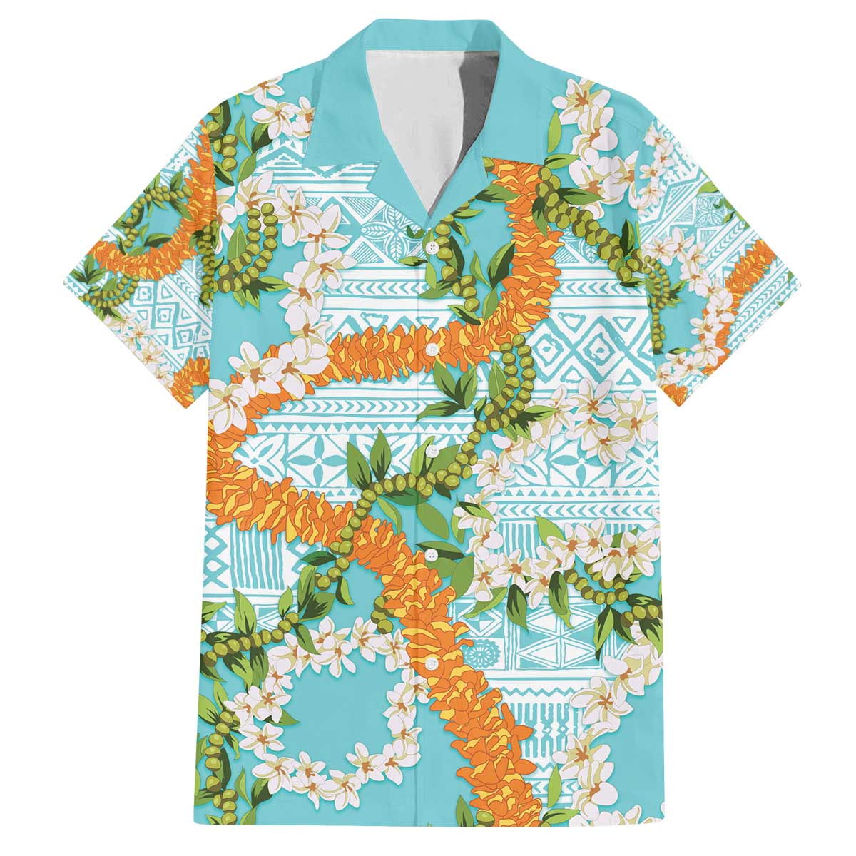 Aloha Festive Hawaii Family Matching Off The Shoulder Long Sleeve Dress and Hawaiian Shirt Mokihana - Maile and Ilima on Turquoise - Polynesian Pride