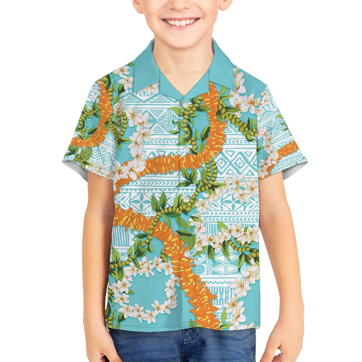 Aloha Festive Hawaii Family Matching Off The Shoulder Long Sleeve Dress and Hawaiian Shirt Mokihana - Maile and Ilima on Turquoise - Polynesian Pride