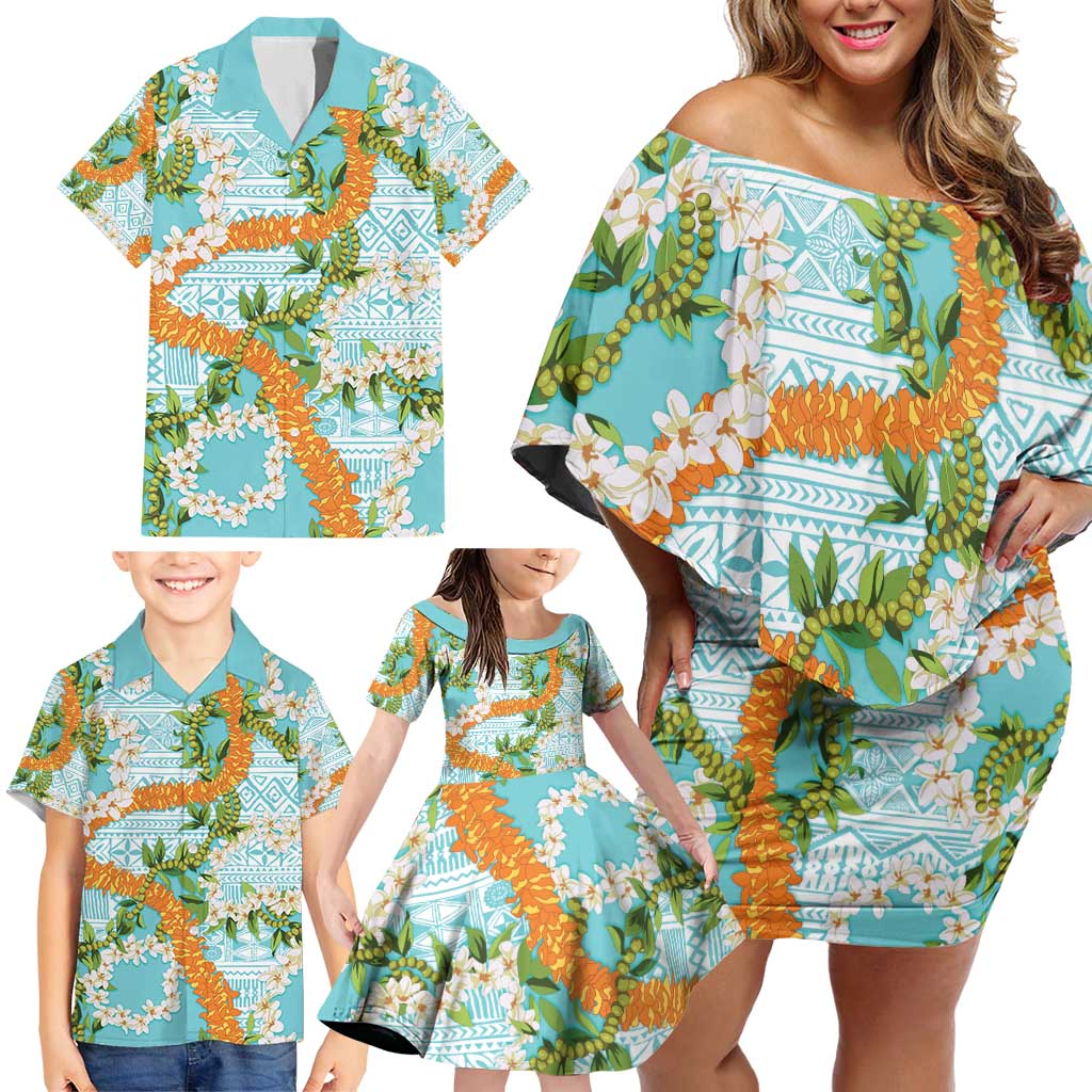 Aloha Festive Hawaii Family Matching Off Shoulder Short Dress and Hawaiian Shirt Mokihana - Maile and Ilima on Turquoise - Polynesian Pride