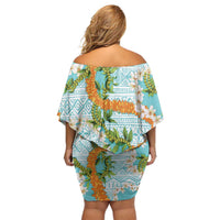 Aloha Festive Hawaii Family Matching Off Shoulder Short Dress and Hawaiian Shirt Mokihana - Maile and Ilima on Turquoise - Polynesian Pride
