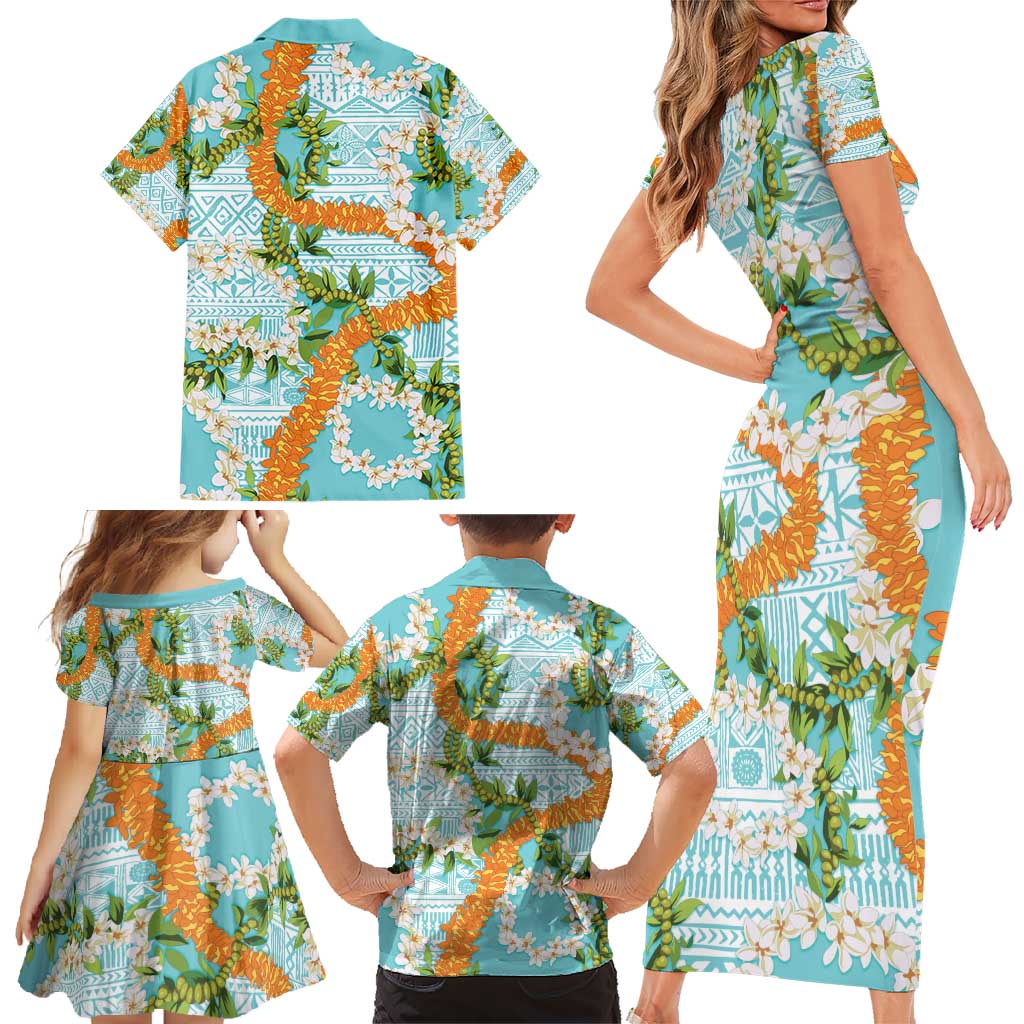 Aloha Festive Hawaii Family Matching Short Sleeve Bodycon Dress and Hawaiian Shirt Mokihana - Maile and Ilima on Turquoise - Polynesian Pride