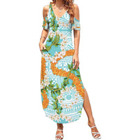 Aloha Festive Hawaii Family Matching Summer Maxi Dress and Hawaiian Shirt Mokihana - Maile and Ilima on Turquoise - Polynesian Pride