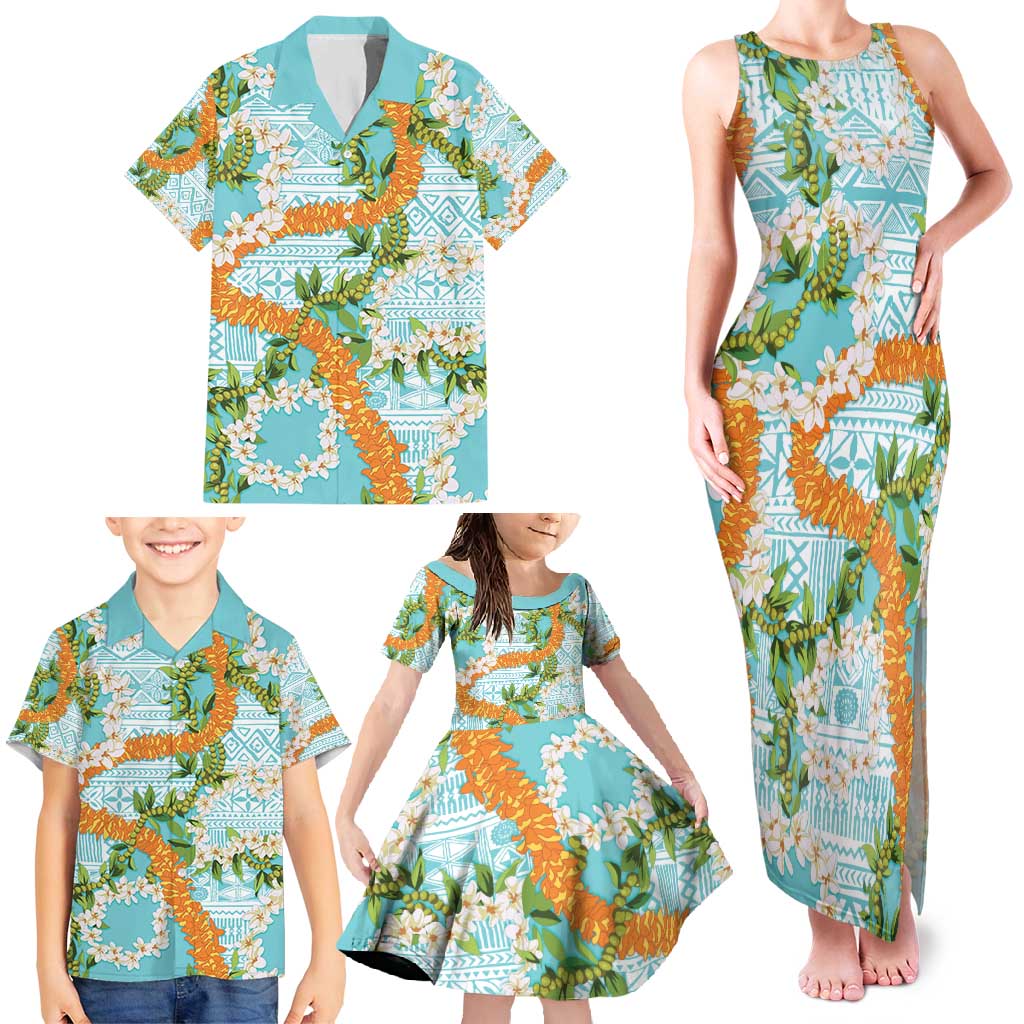 Aloha Festive Hawaii Family Matching Tank Maxi Dress and Hawaiian Shirt Mokihana - Maile and Ilima on Turquoise - Polynesian Pride