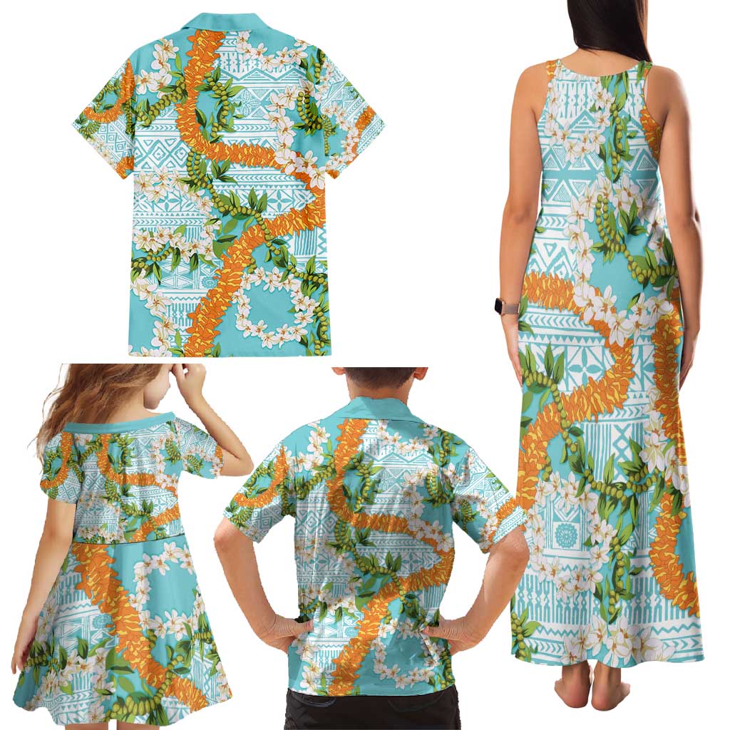 Aloha Festive Hawaii Family Matching Tank Maxi Dress and Hawaiian Shirt Mokihana - Maile and Ilima on Turquoise - Polynesian Pride