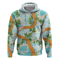 Aloha Festive Hawaii Hoodie Mokihana - Maile and Ilima on Turquoise - Polynesian Pride