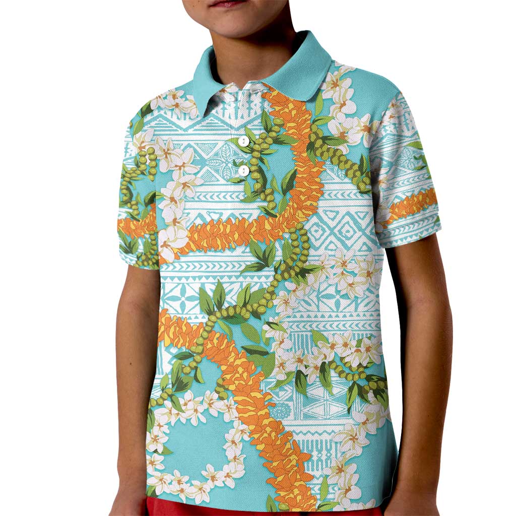 Aloha Festive Hawaii Kid Polo Shirt Mokihana - Maile and Ilima on Turquoise - Polynesian Pride