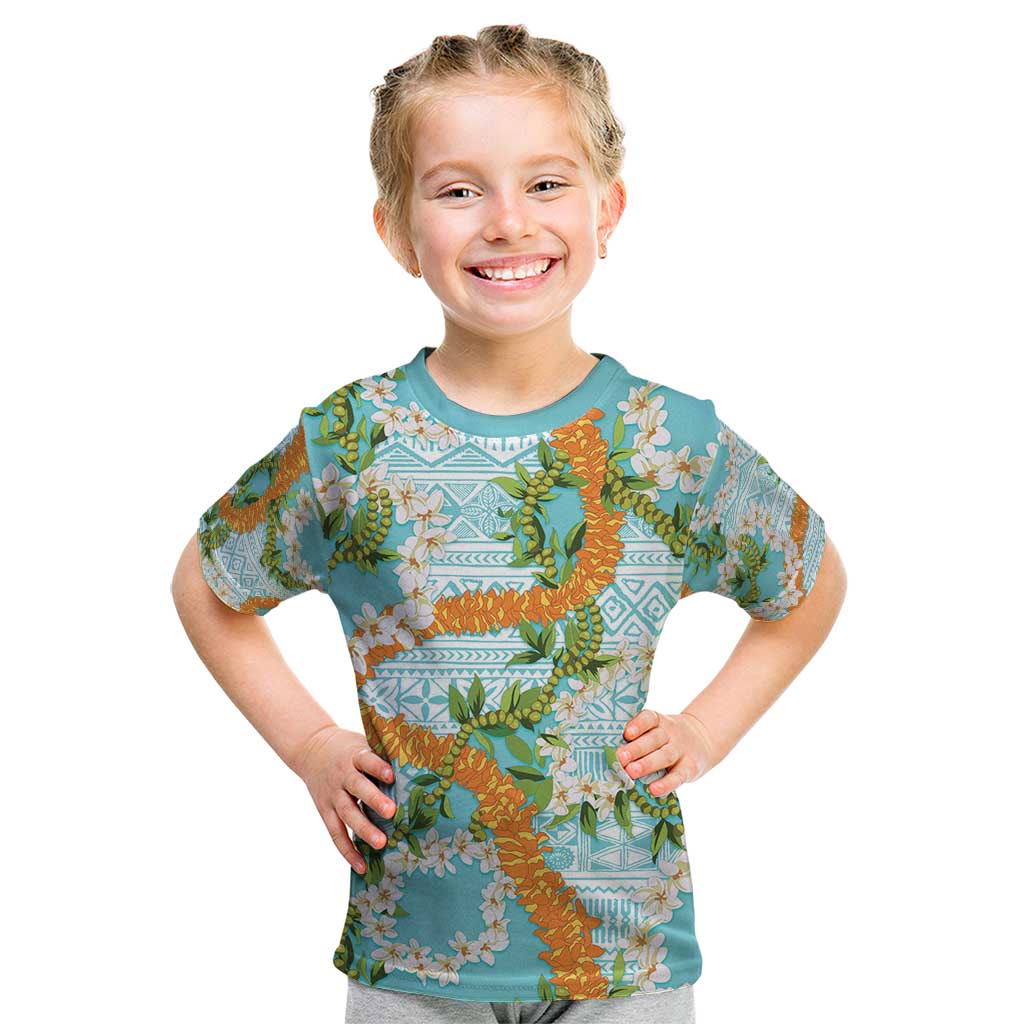 Aloha Festive Hawaii Kid T Shirt Mokihana - Maile and Ilima on Turquoise - Polynesian Pride