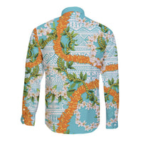 Aloha Festive Hawaii Long Sleeve Button Shirt Mokihana - Maile and Ilima on Turquoise - Polynesian Pride