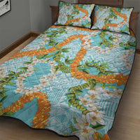 Aloha Festive Hawaii Quilt Bed Set Mokihana - Maile and Ilima on Turquoise - Polynesian Pride