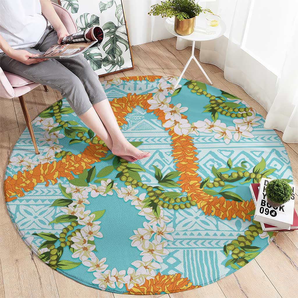 Aloha Festive Hawaii Round Carpet Mokihana - Maile and Ilima on Turquoise - Polynesian Pride